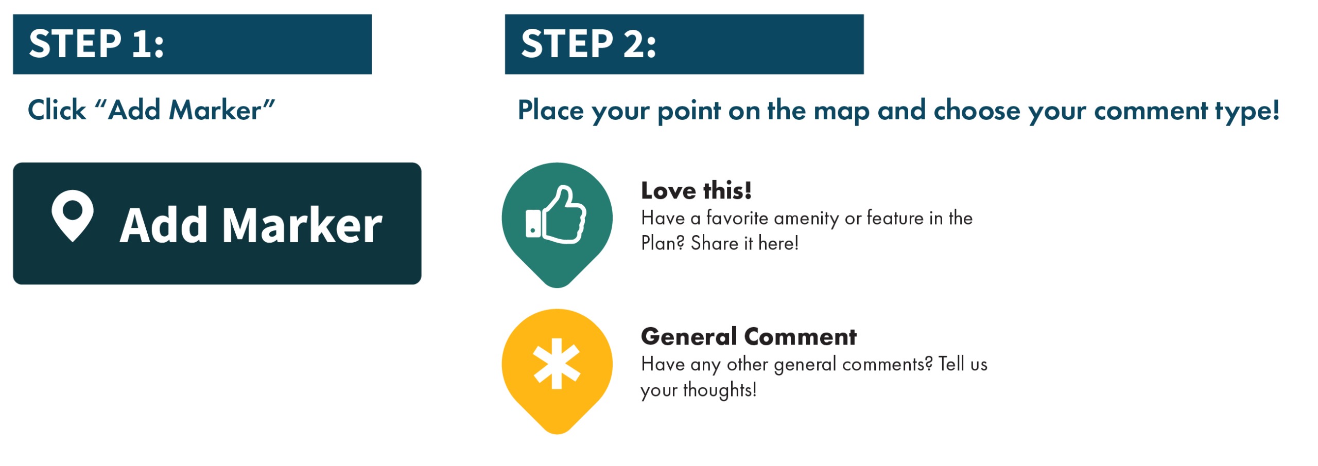 Map Instructions: Step 1, click add marker, step 2 place your marker