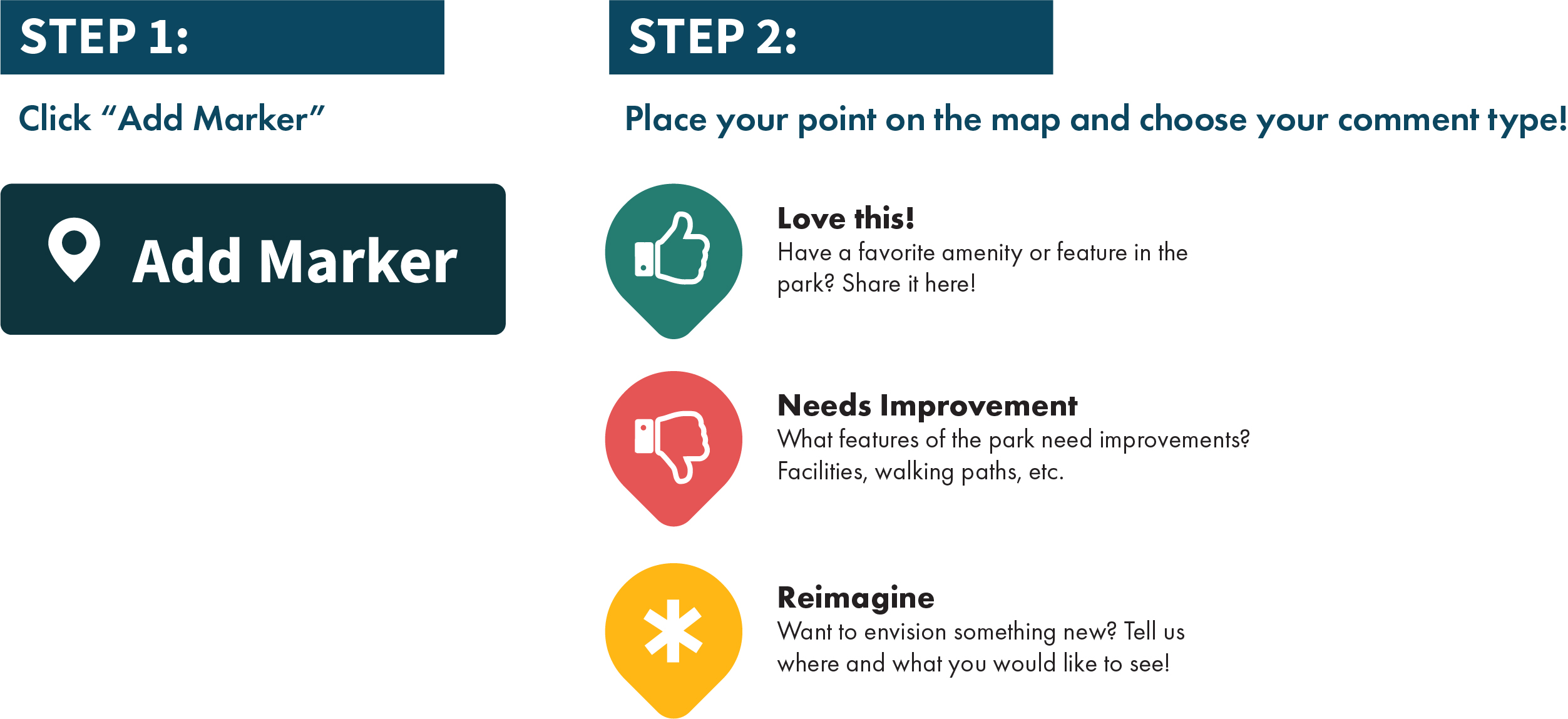 Mapping Instructions: Step 1. Add Marker Step 2. Place your point on the map and choose your comment type: Love this, Needs Improvement, Reimagine