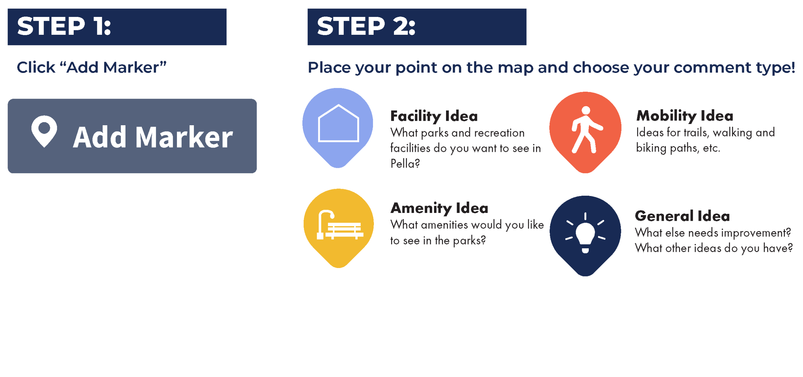 Map instructions. Step 1: Click "Add Marker". Step 2: Place your point on the map and choose your comment type. 