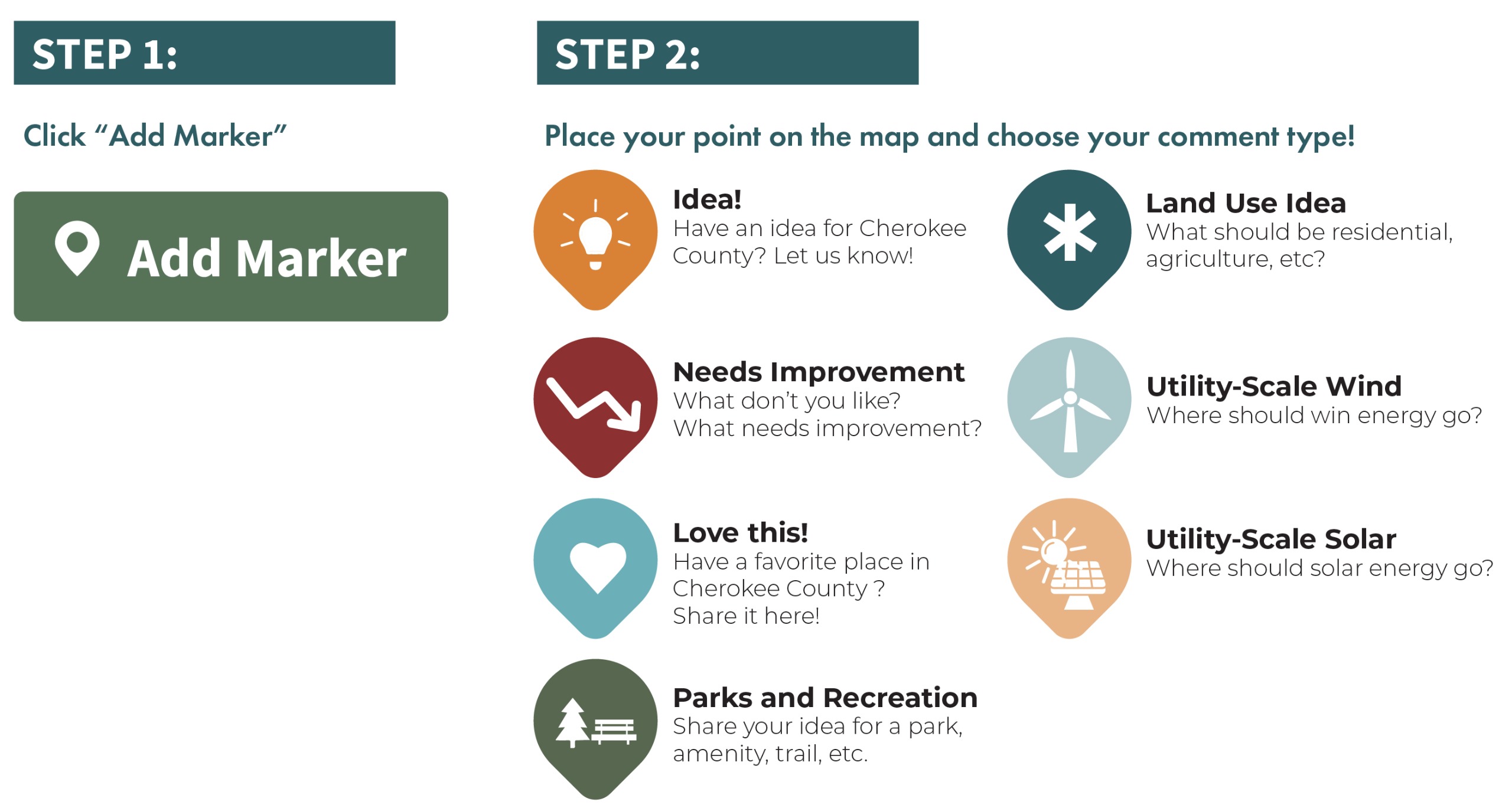 Step 1. Click "Add Marker". Step 2. Place your point on the map and choose your comment type.